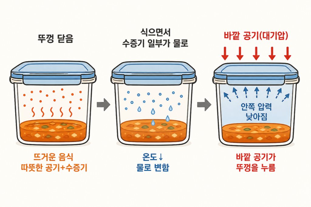 밀폐용기 뚜껑 안열림, 뜨거운 음식이 식으면 왜 더 꽉 잠길까? 설명 도식