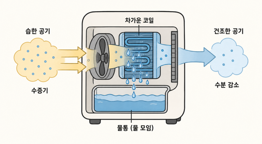 제습기 물통에는 왜 생각보다 물이 많이 찰까? 설명 도식