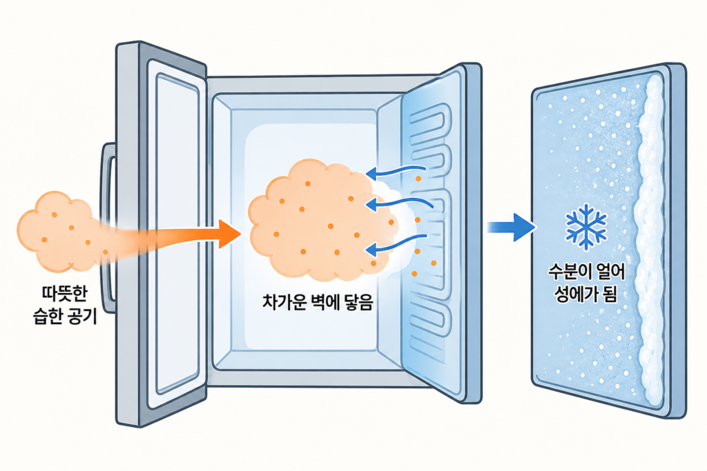 냉동실 벽에 얼음이 자꾸 생긴다면? 성에 진짜 이유 설명 도식