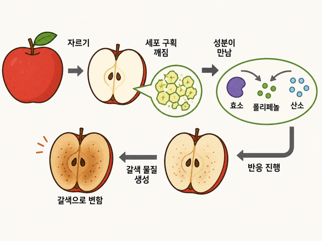사과는 왜 자르자마자 갈색으로 변할까? 녹스는 것과는 다르다 설명 도식