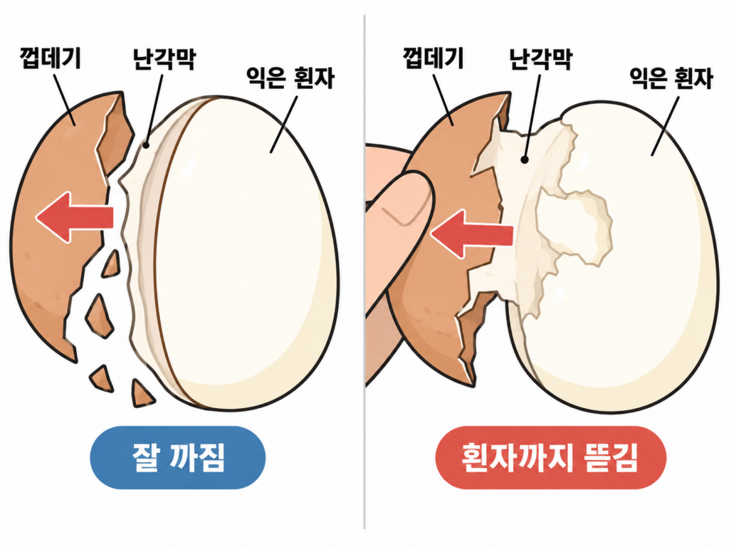 잘 삶았는데 왜 흰자까지 뜯길까? 계란 껍질이 안 까지는 이유 설명 도식