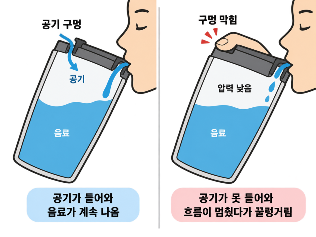 텀블러 뚜껑 구멍, 막으면 왜 꿀렁거릴까 설명 도식