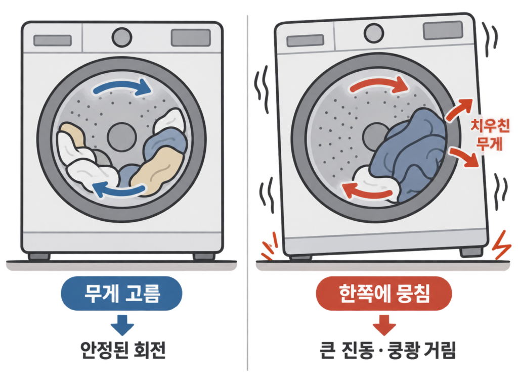 세탁기 탈수 때 왜 한쪽으로 쿵쾅거리며 흔들릴까? 설명 도식