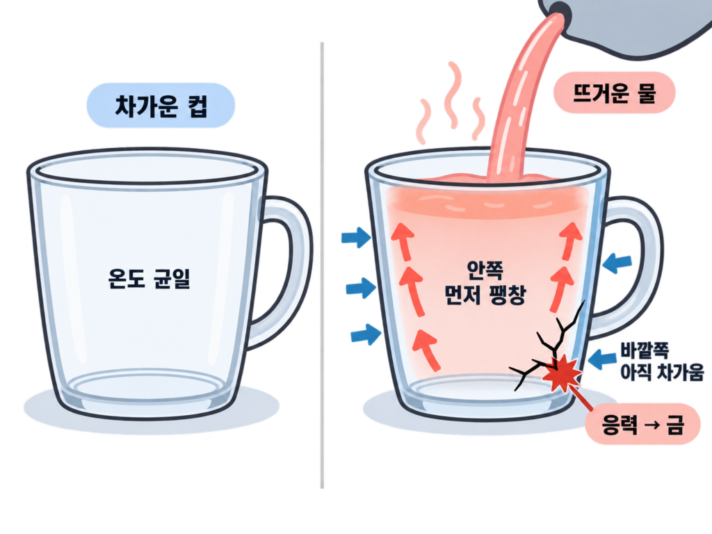 뜨거운 물을 부은 유리컵은 왜 갑자기 금이 갈까? 설명 도식