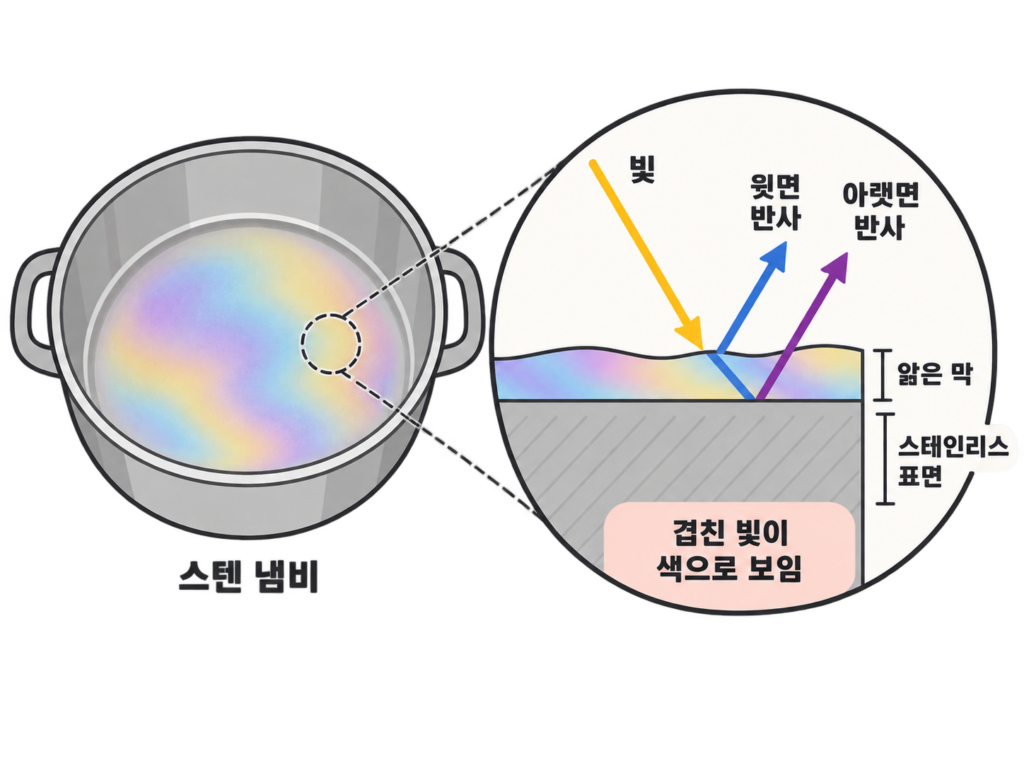 스텐 냄비 무지개 얼룩은 왜 생길까? 녹인 줄 알았다면 설명 도식