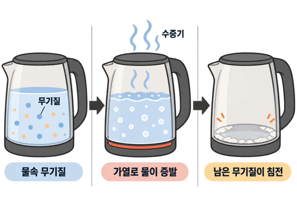 전기포트 하얀 얼룩, 물때가 아닐 수 있는 이유 설명 도식