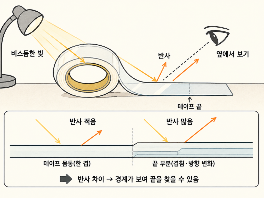 테이프 끝 찾기, 빛을 비스듬히 비추면 보이는 이유 설명 도식