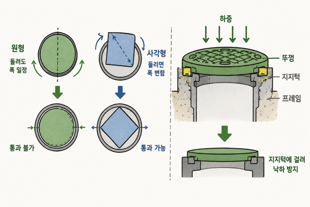 맨홀 뚜껑은 왜 동그랄까? 사각형이면 생기는 문제 설명 도식