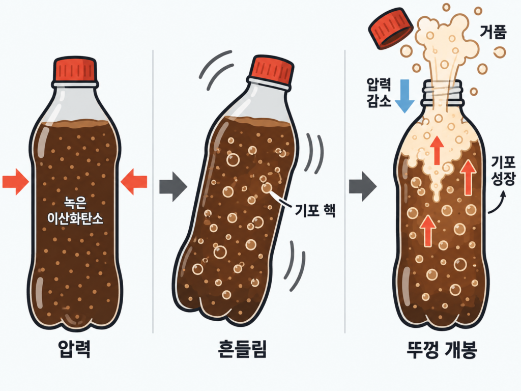 탄산음료 흔들면 왜 넘칠까? 뚜껑 여는 순간 벌어지는 일 설명 도식