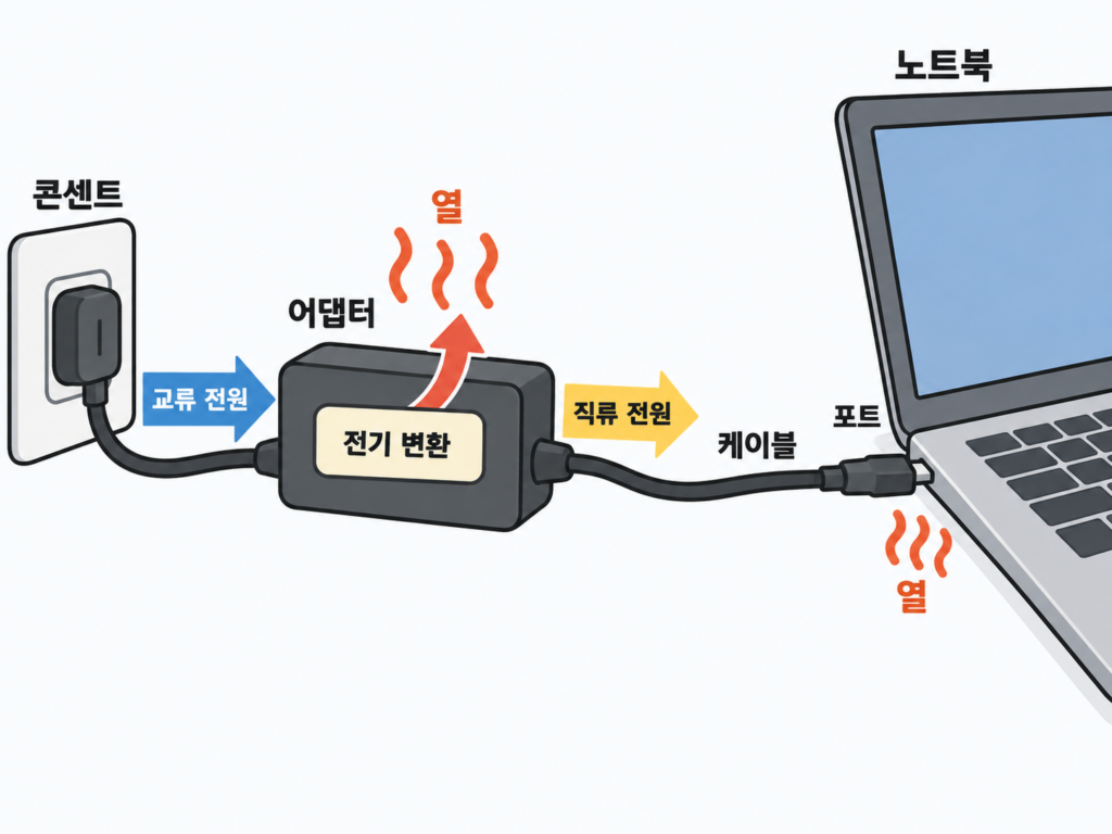 노트북 충전기 뜨거움, 정상일까? 먼저 볼 4곳 설명 도식