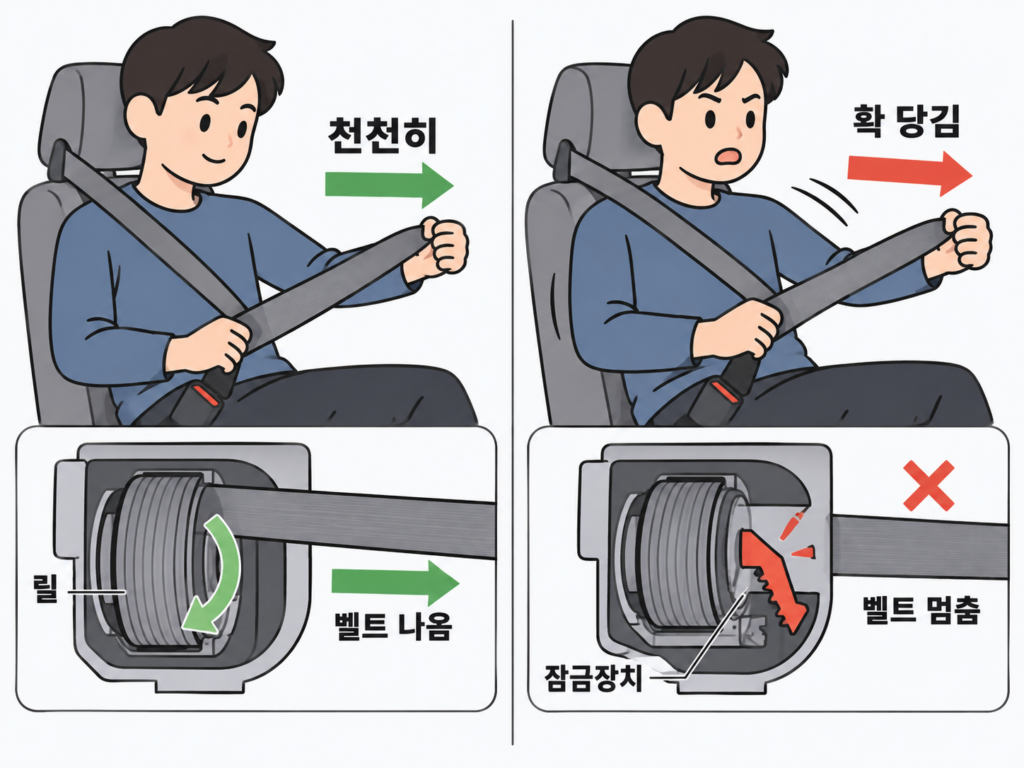 안전벨트는 천천히 당기면 풀리는데 왜 확 당기면 잠길까? 설명 도식