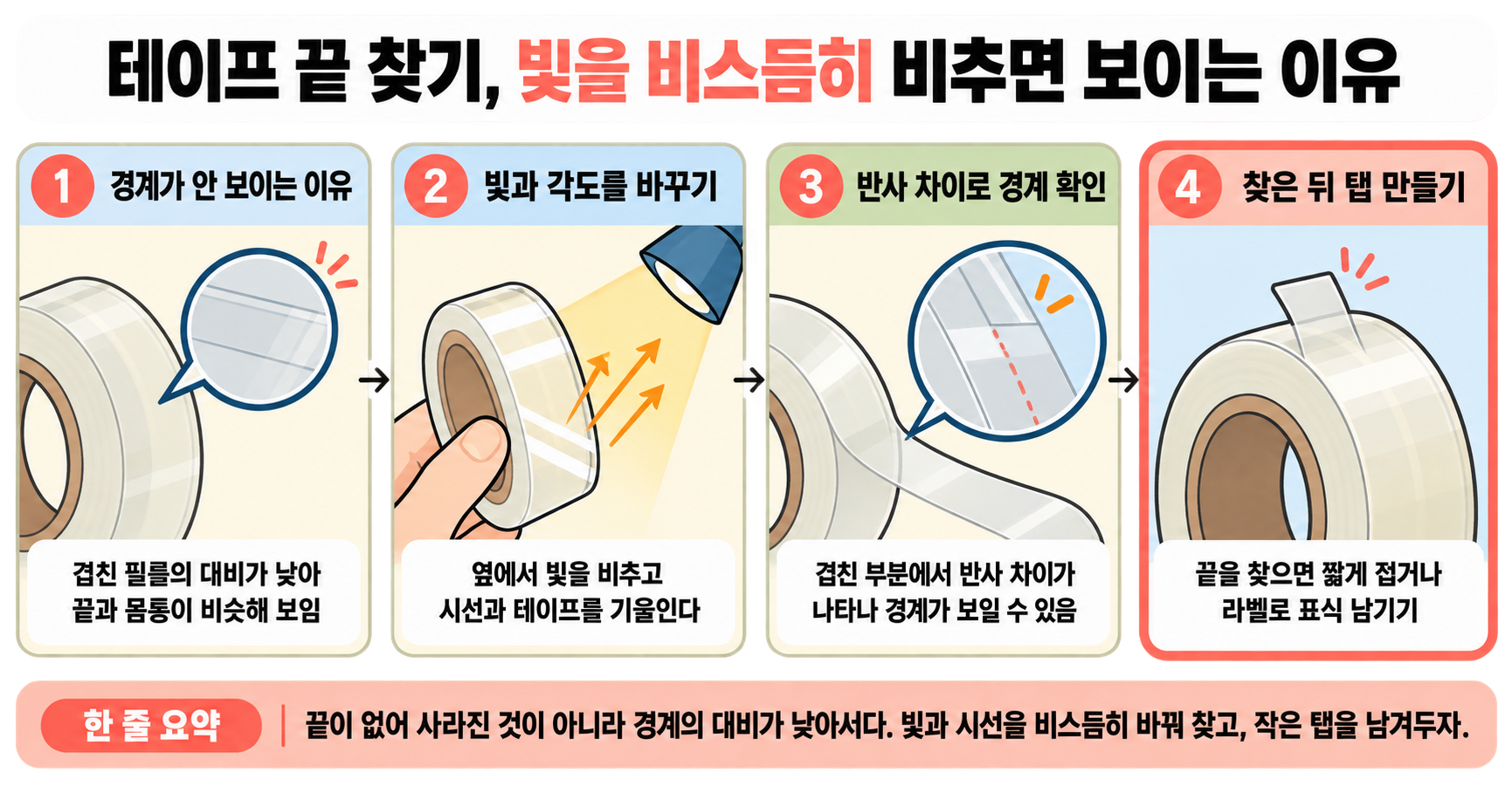 테이프 끝 찾기, 빛을 비스듬히 비추면 보이는 이유