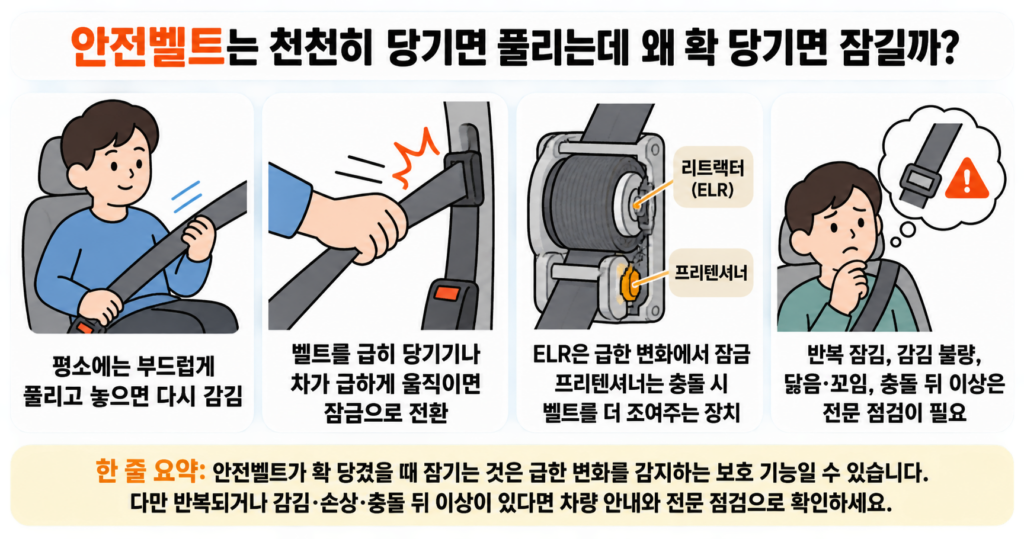 안전벨트는 천천히 당기면 풀리는데 왜 확 당기면 잠길까?