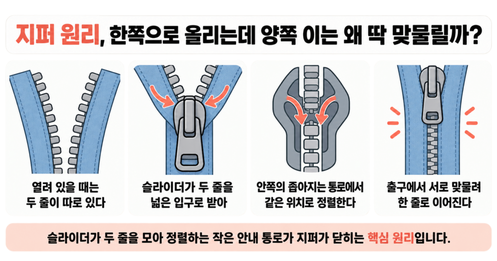 지퍼 원리, 한쪽으로 올리는데 양쪽 이는 왜 딱 맞물릴까?