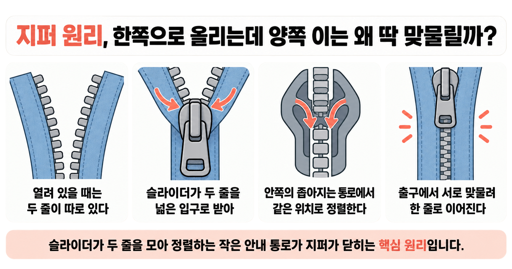 지퍼 원리, 한쪽으로 올리는데 양쪽 이는 왜 딱 맞물릴까?