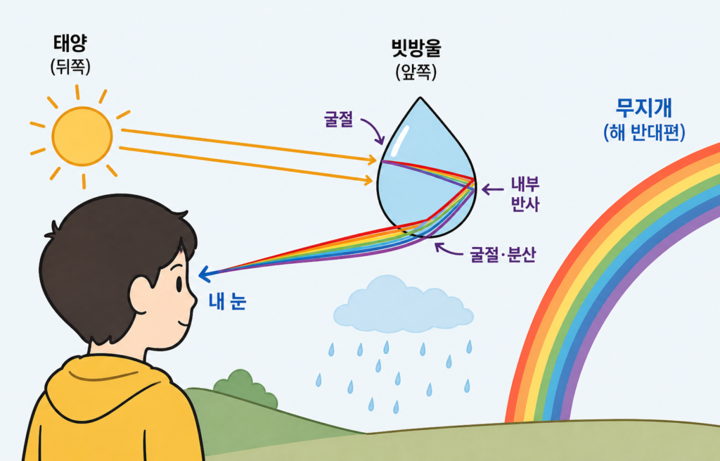 무지개는 왜 꼭 해 반대편에 뜰까? 설명 도식