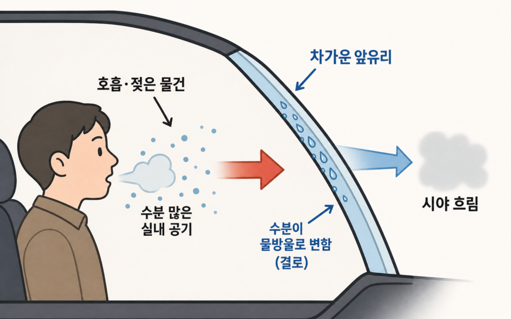 차 유리는 왜 안쪽부터 뿌옇게 될까? 김서림 진짜 이유 설명 도식