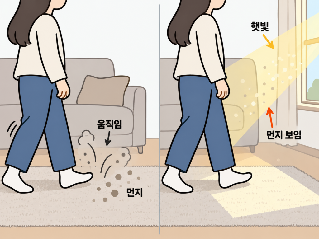 실내 먼지 많은 이유, 건조한 날 정말 더 늘어난 걸까? 설명 도식