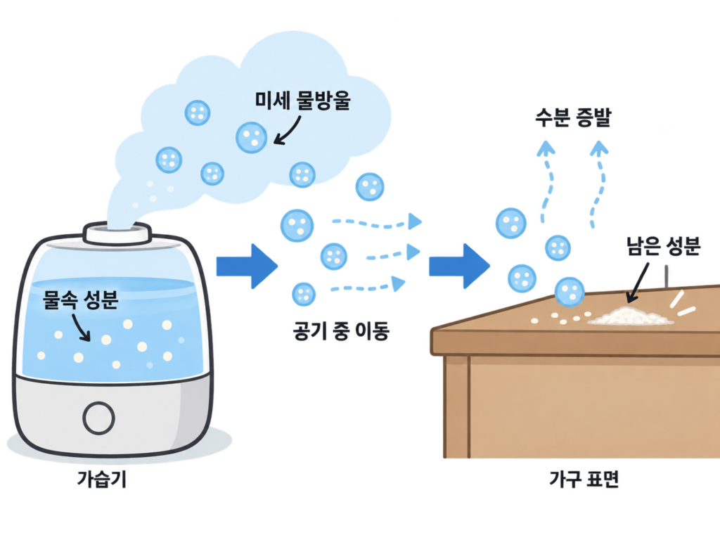 가습기 하얀 가루, 물은 사라졌는데 왜 가구에 남을까? 설명 도식