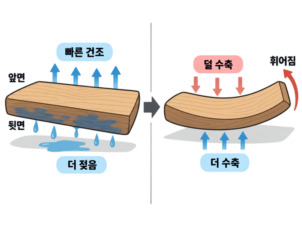 나무 도마 갈라짐, 한쪽으로 휘는 이유는? 설명 도식