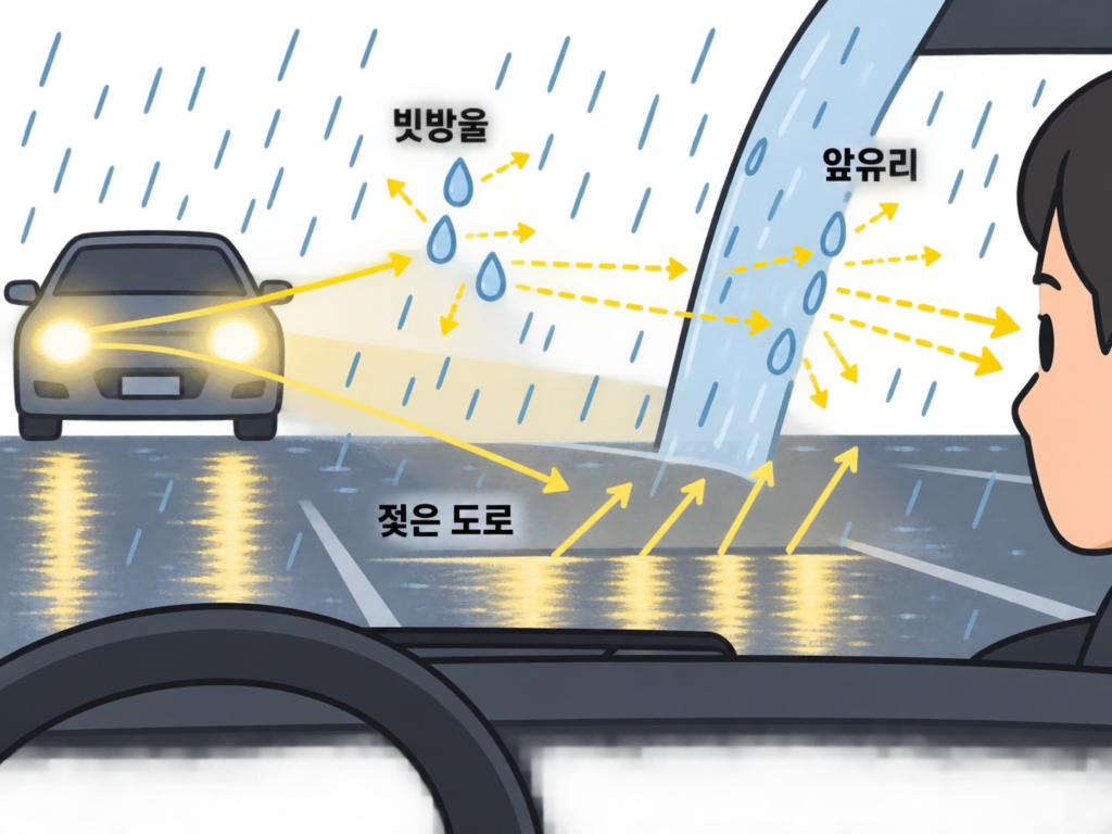 비오는 밤 헤드라이트 번짐, 불빛이 세진 게 아니다 설명 도식