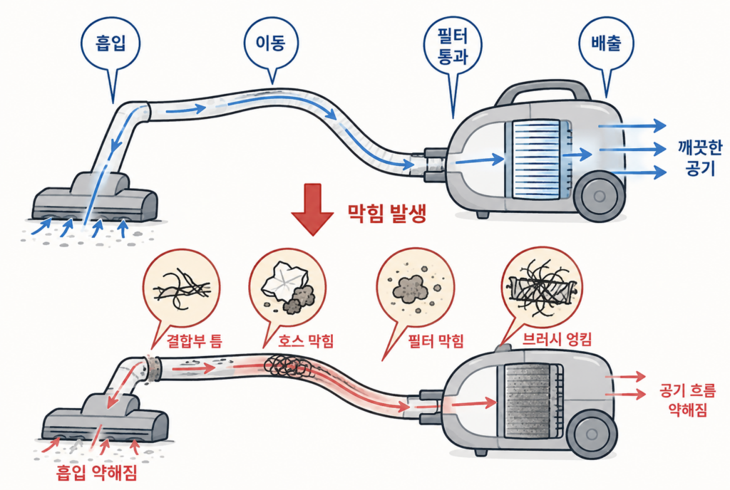 청소기 흡입력 약함, 먼지통은 비었는데 왜 약할까? 먼저 볼 4곳 설명 도식