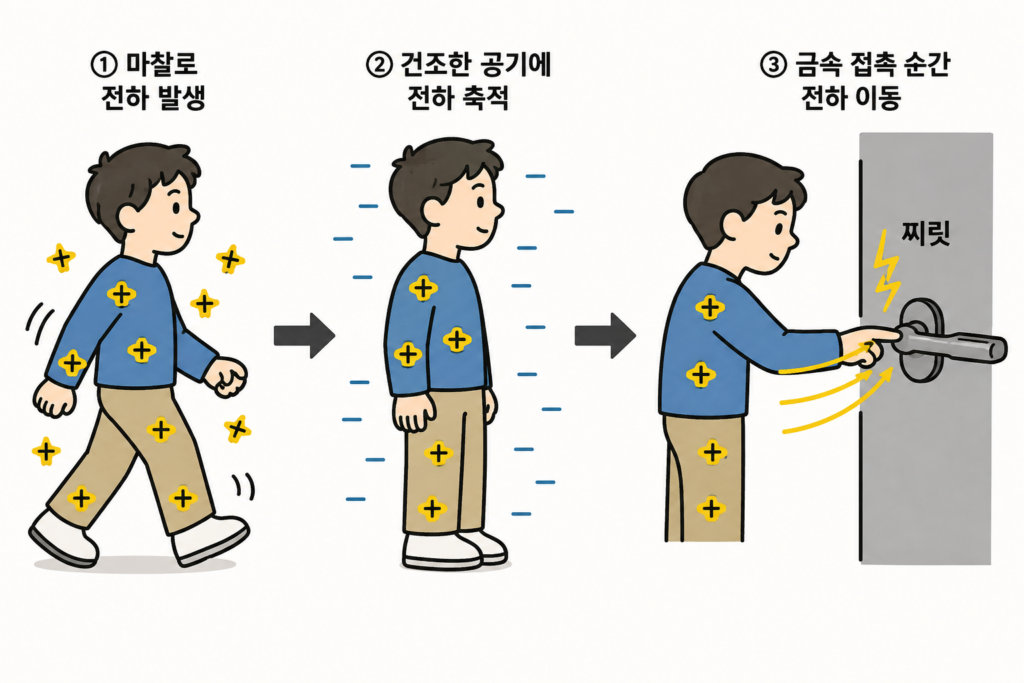 건조한 날 문손잡이 정전기가 찌릿한 이유 설명 도식