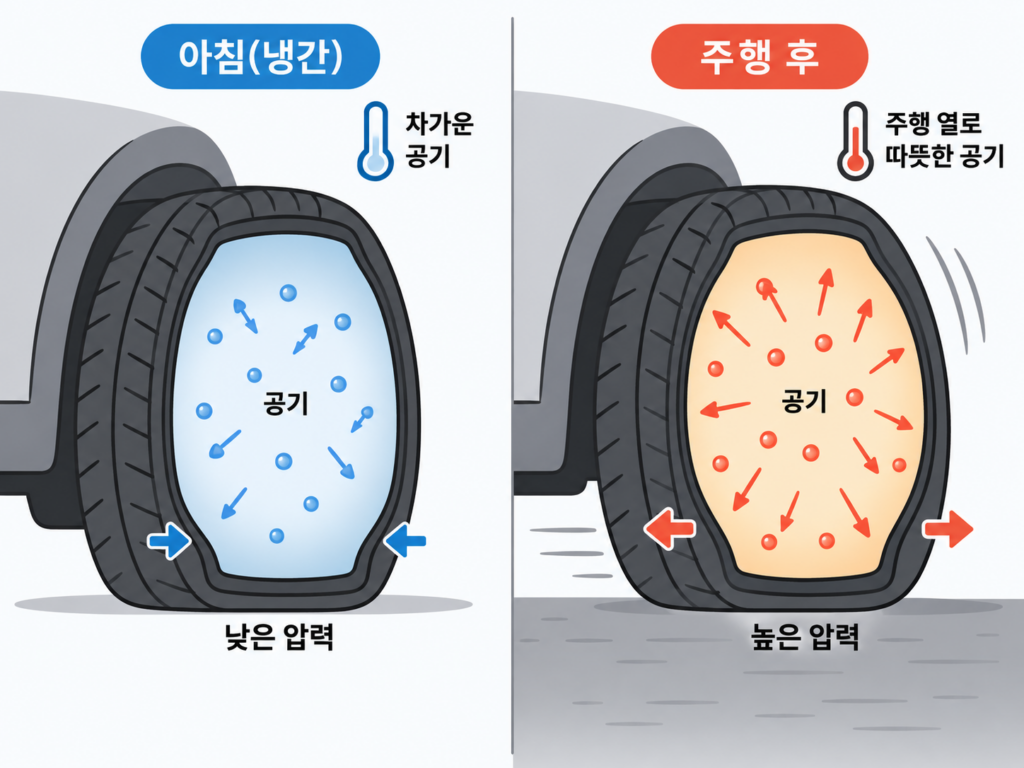 타이어 공기압 온도, 아침엔 낮고 주행 뒤엔 높은 이유 설명 도식