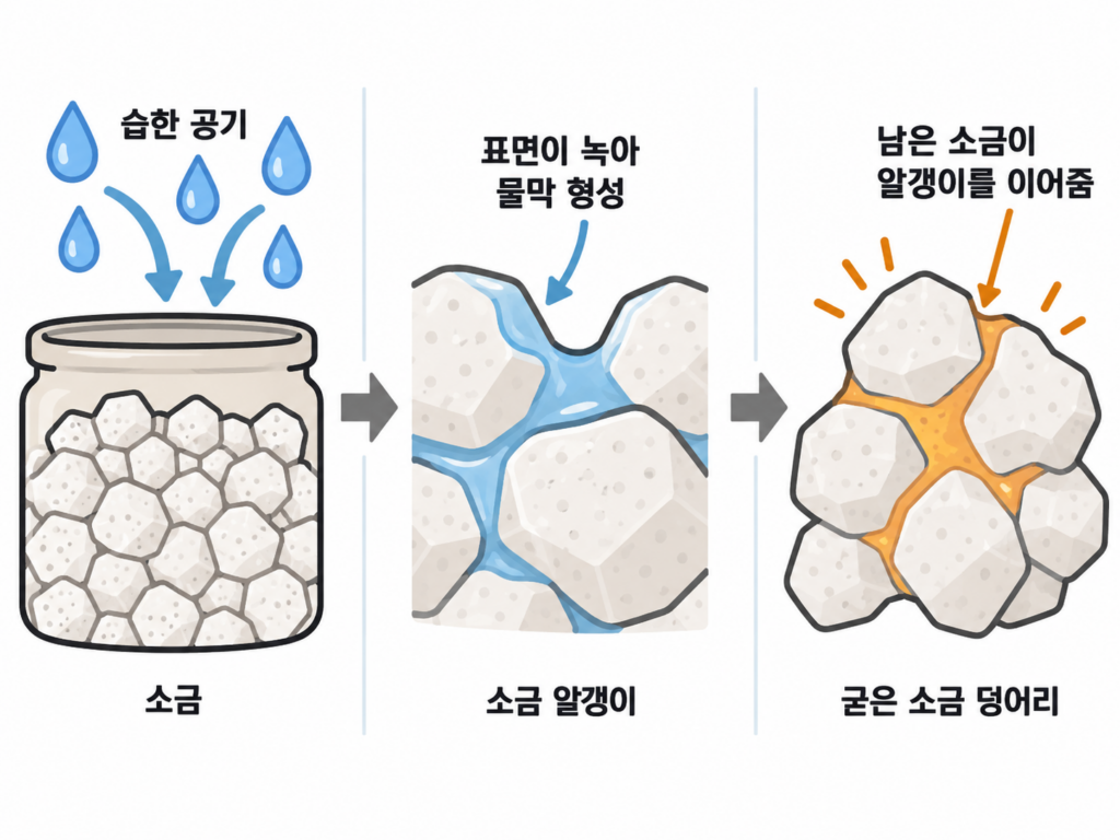 소금은 왜 습한 날 소금통 안에서 덩어리질까? 비 오는 날 돌처럼 굳는 이유 설명 도식