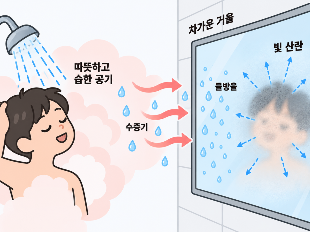 샤워를 하면 욕실 거울은 왜 뿌옇게 될까? 김서림 이유 설명 도식