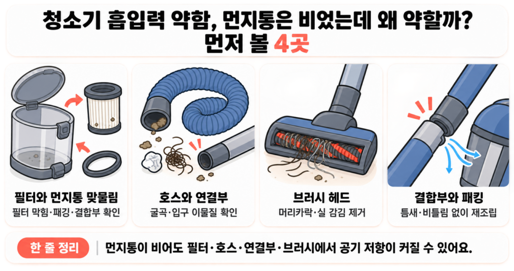 청소기 흡입력 약함, 먼지통은 비었는데 왜 약할까? 먼저 볼 4곳