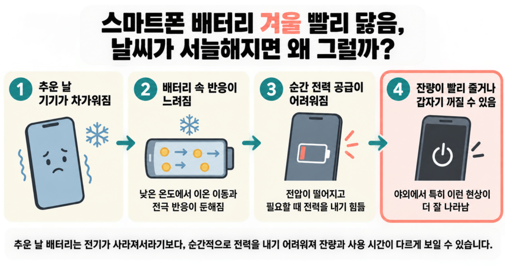 스마트폰 배터리 겨울 빨리 닳음, 날씨가 서늘해지면 왜 그럴까?