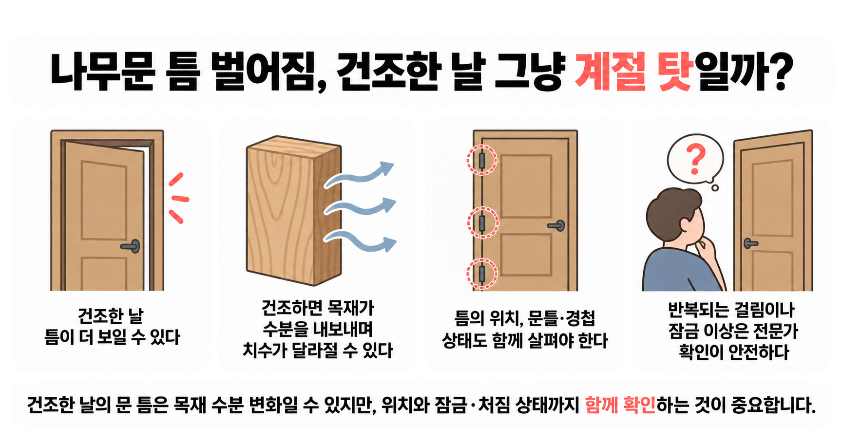 나무문 틈 벌어짐, 건조한 날 그냥 계절 탓일까?