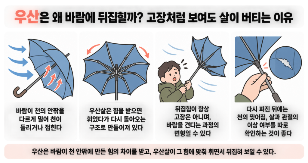 우산은 왜 바람에 뒤집힐까? 고장처럼 보여도 살이 버티는 이유