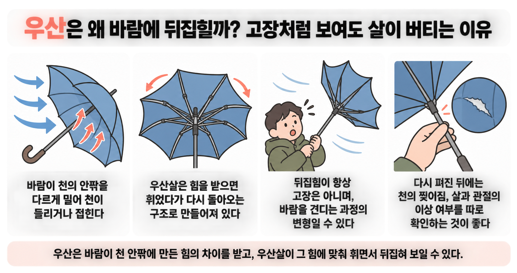 우산은 왜 바람에 뒤집힐까? 고장처럼 보여도 살이 버티는 이유