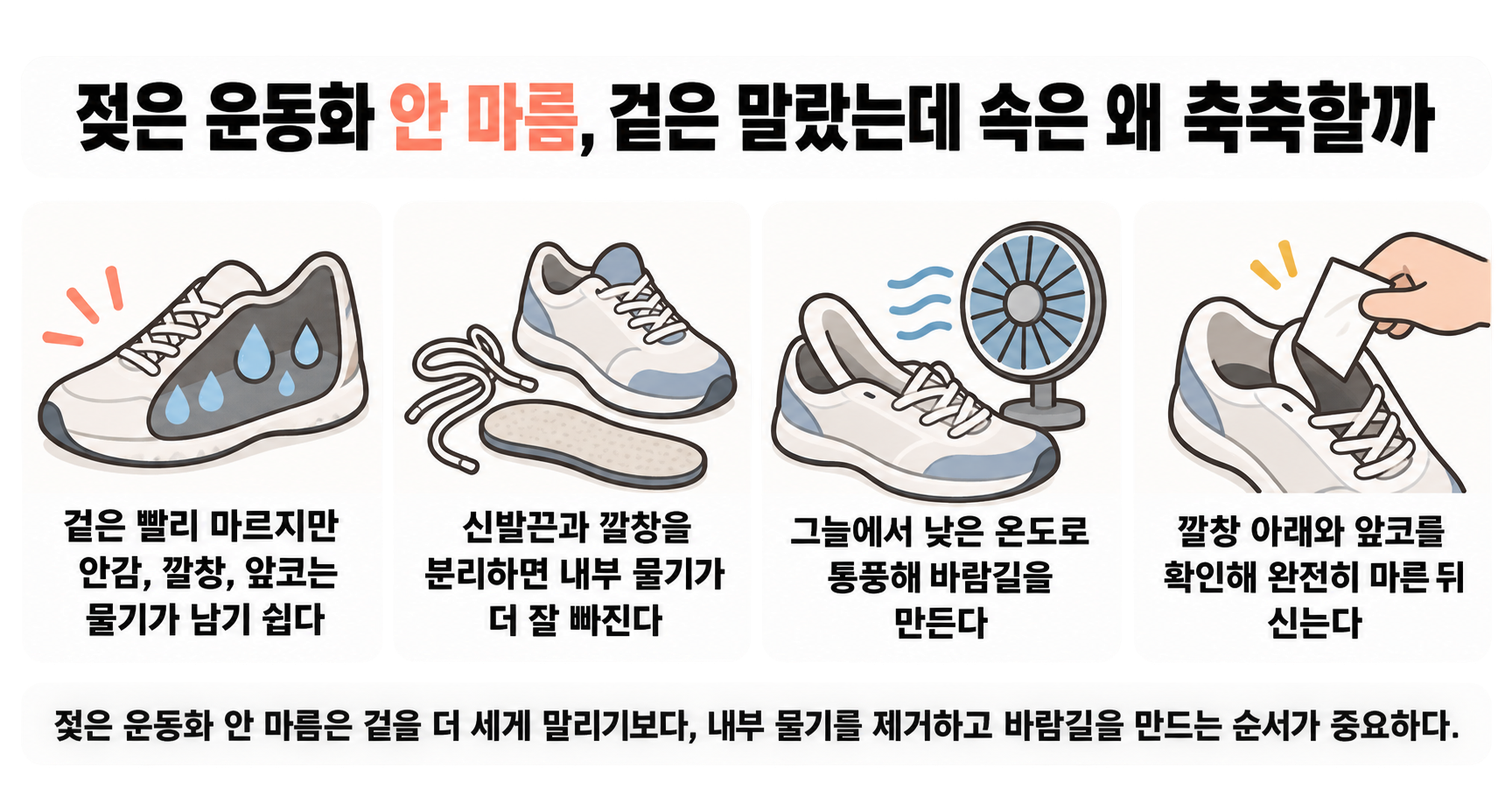 젖은 운동화 안 마름, 겉은 말랐는데 속은 왜 축축할까