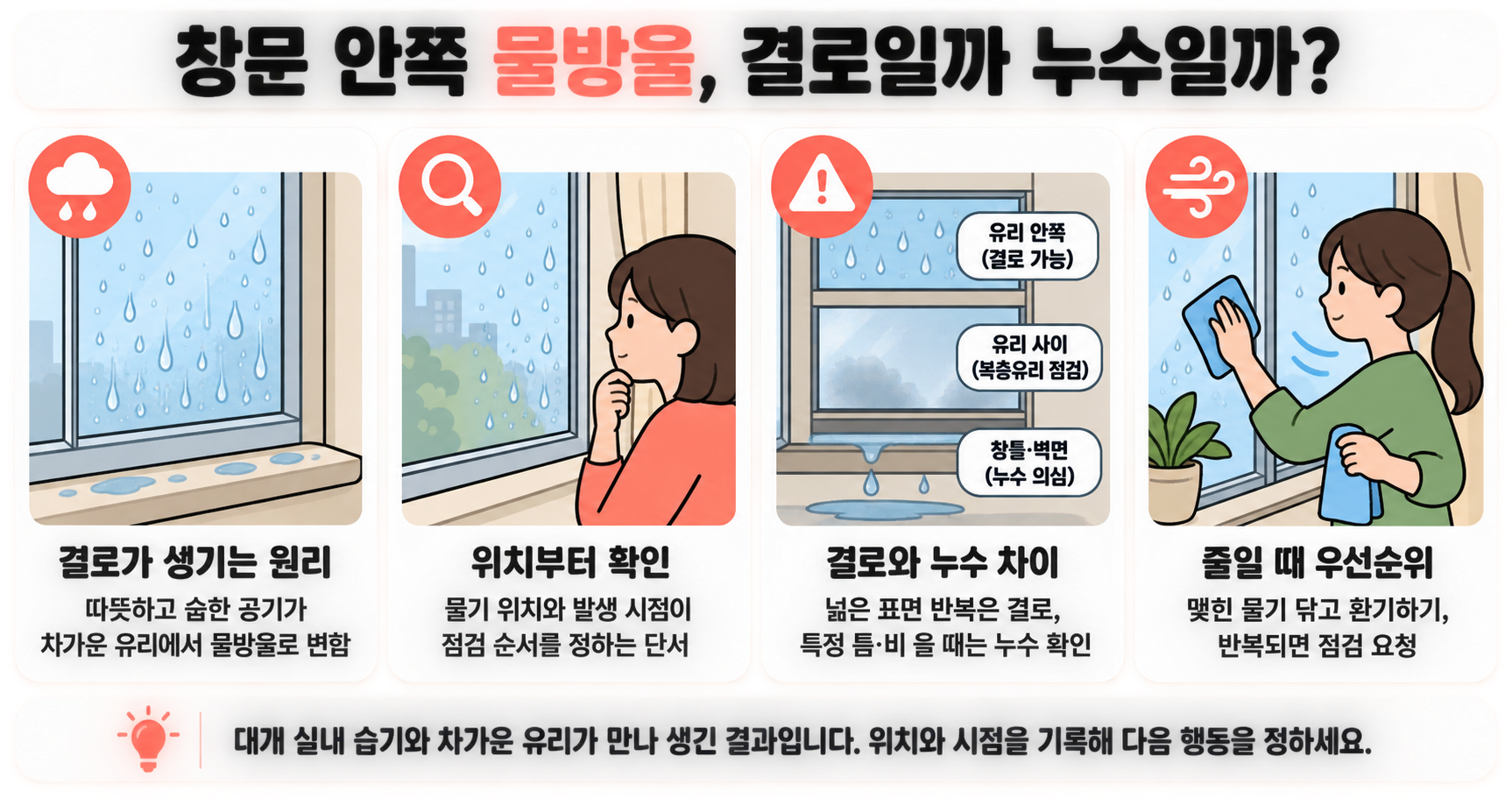 창문 안쪽 물방울, 결로일까 누수일까?