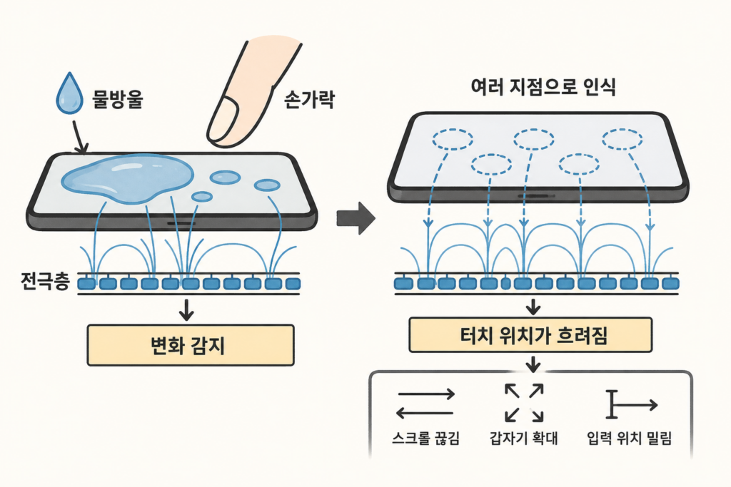 물 묻은 폰 화면, 왜 터치가 혼자 눌릴까? 설명 도식