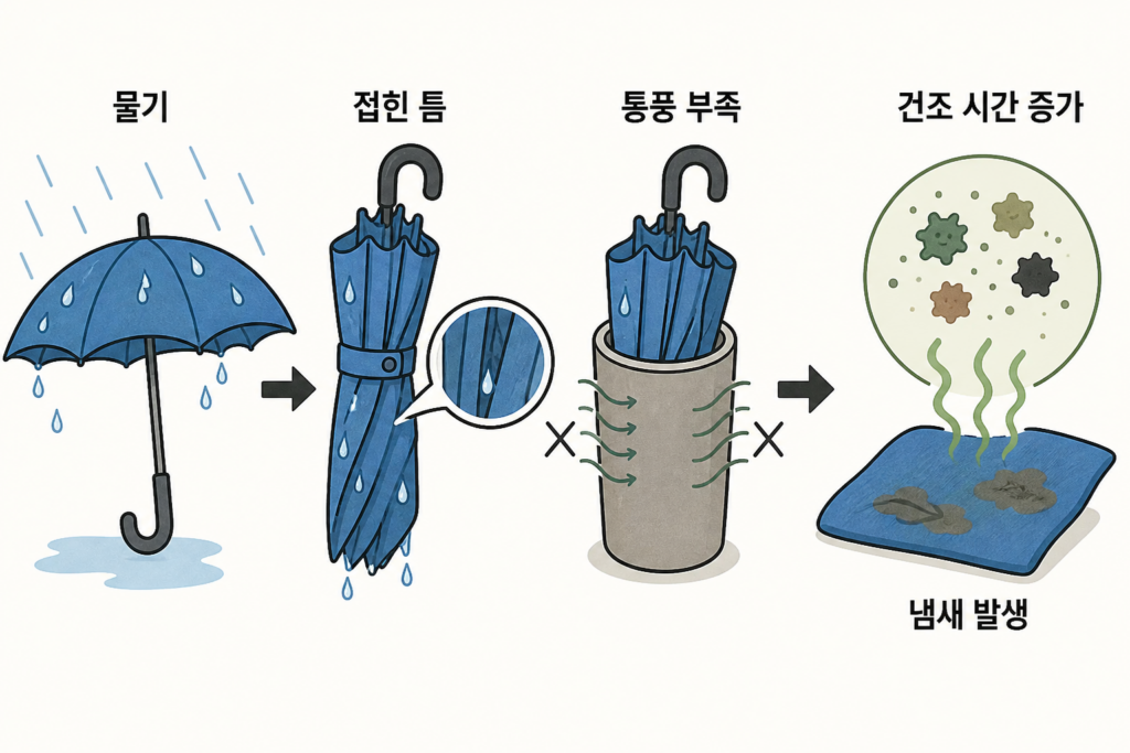 젖은 우산 냄새는 왜 날까? 빗물 때문만은 아니었다 설명 도식