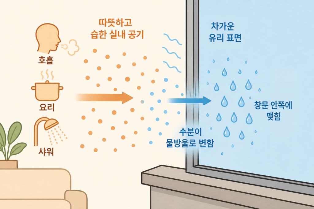 창문 안쪽 물방울, 결로일까 누수일까? 설명 도식