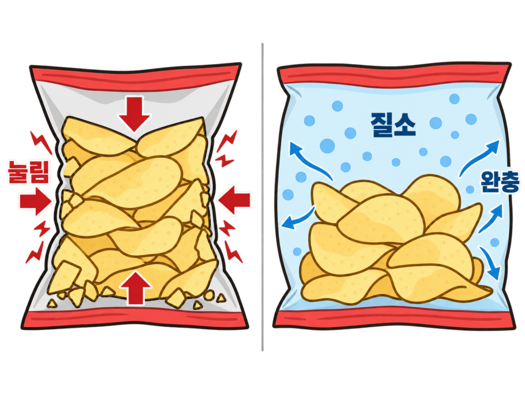 과자 봉지 공기 많은 이유, 진짜 공기일까? 설명 도식