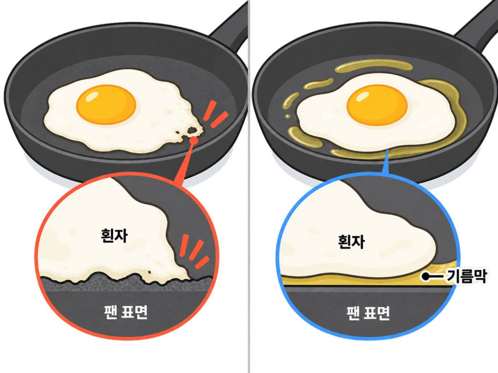 코팅팬인데 계란이 붙는다? 코팅만의 문제 아닙니다 설명 도식