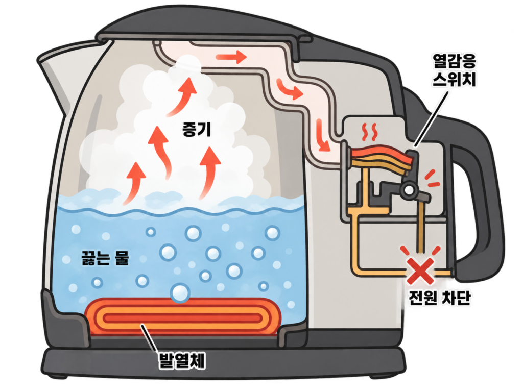 전기포트는 왜 딸깍 꺼질까? 자동 꺼짐의 작동 원리 설명 도식