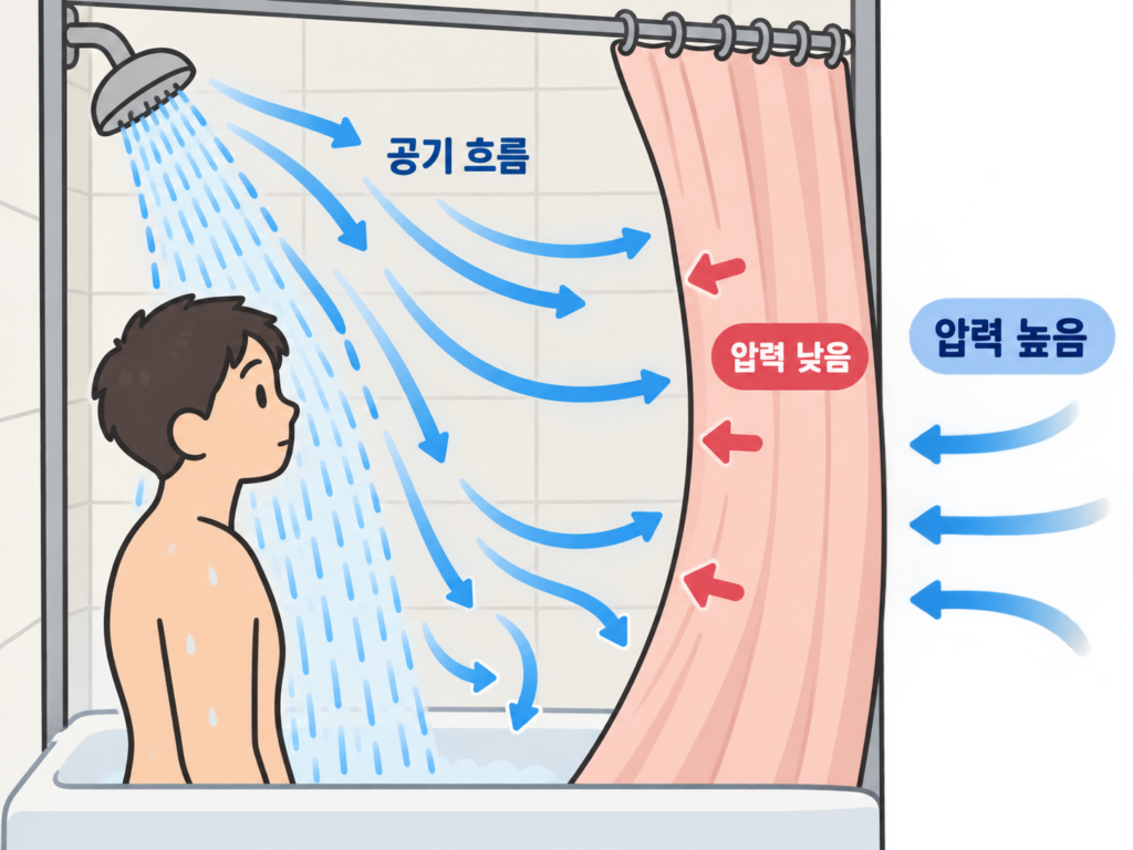 샤워 커튼은 왜 자꾸 몸에 붙을까? 뜨거운 물 때문만은 아니다 설명 도식