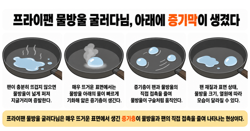 프라이팬 물방울 굴러다님, 아래에 증기막이 생겼다