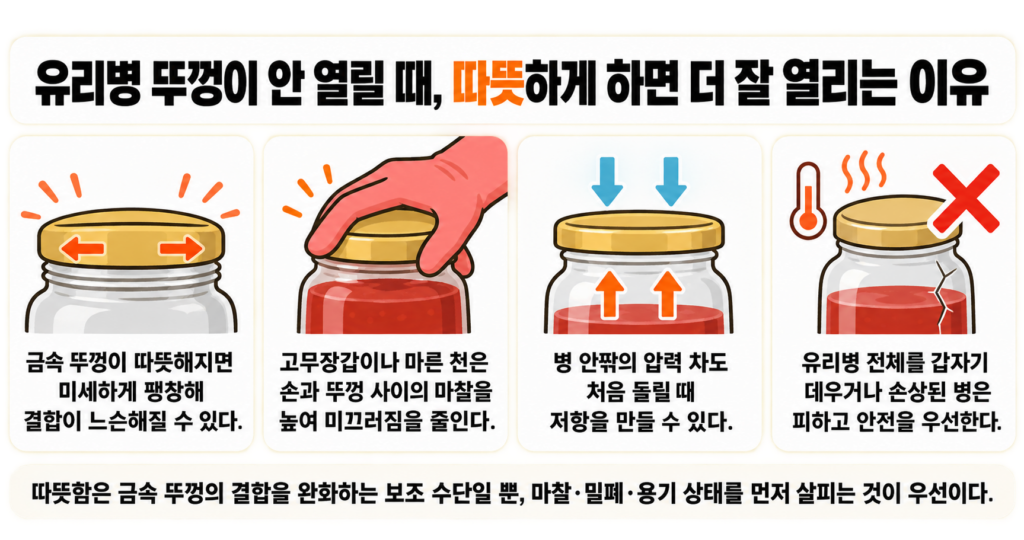 유리병 뚜껑이 안 열릴 때, 따뜻하게 하면 더 잘 열리는 이유
