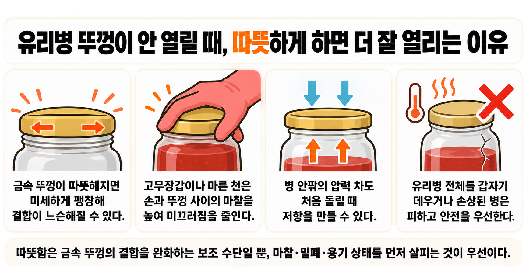 유리병 뚜껑이 안 열릴 때, 따뜻하게 하면 더 잘 열리는 이유