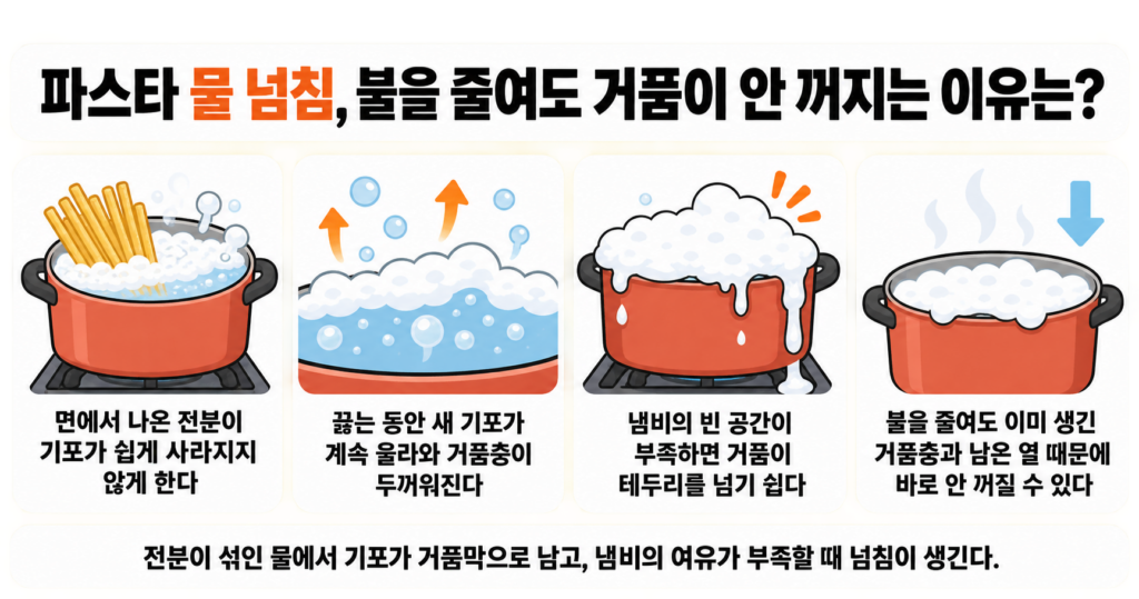 파스타 물 넘침, 불을 줄여도 거품이 안 꺼지는 이유는?