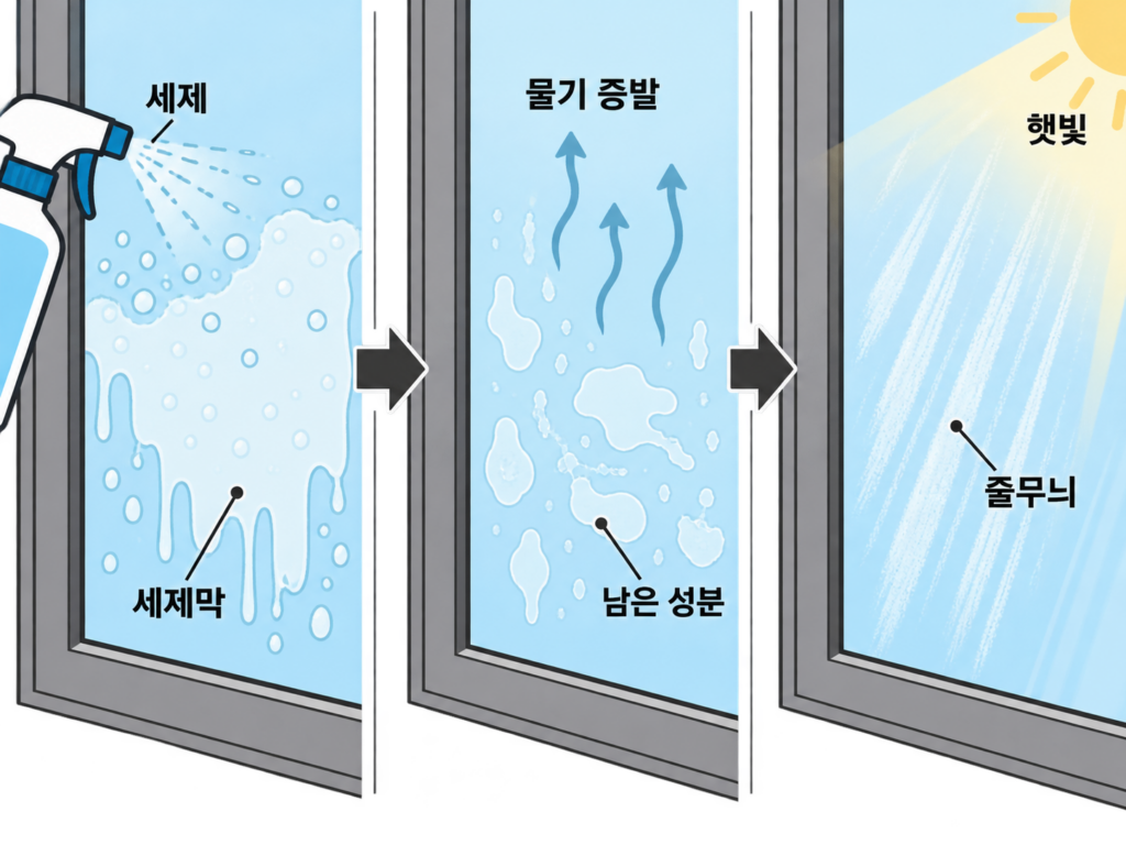 창문 닦아도 얼룩이 남는다? 세제를 더 뿌리면 생기는 일 설명 도식