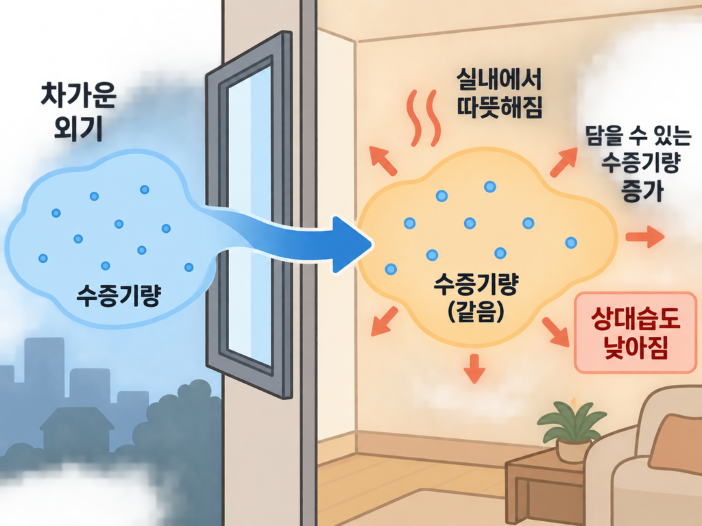 환기하면 건조한 이유, 일교차 큰 날 창문을 열면 왜 더 건조할까? 설명 도식